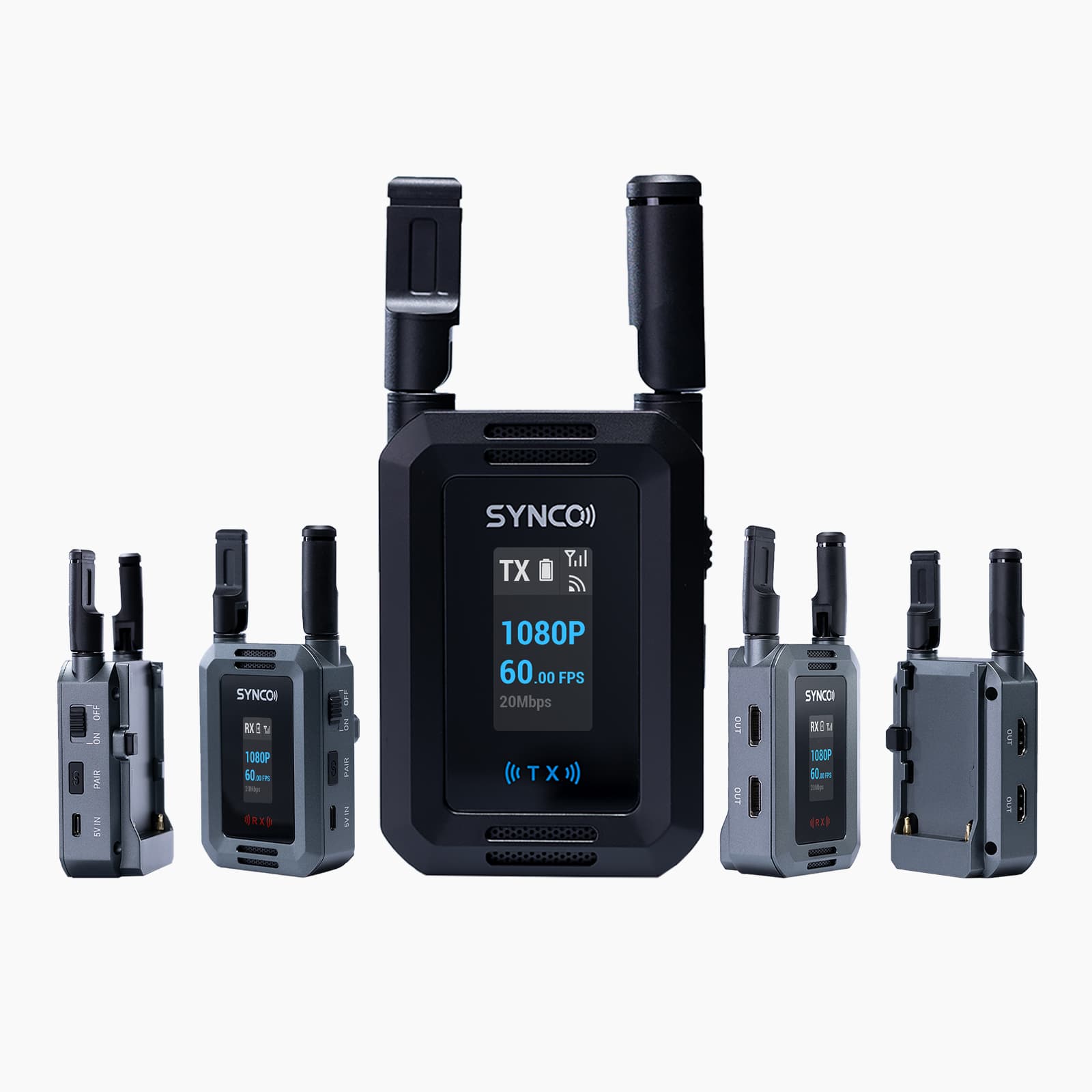 The 1-to-4 SYNCO XVision HD wireless HD video transmission system has one transmitter and four receivers.