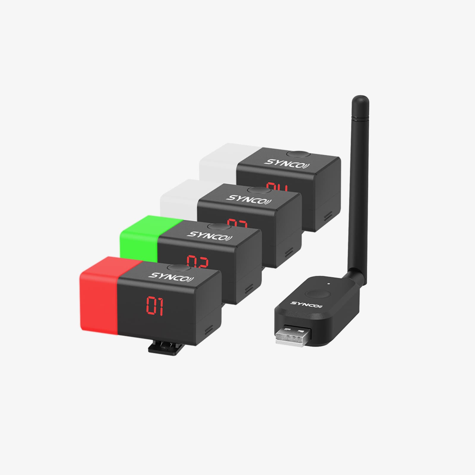 The SYNCO CE3 wireless tally light system consists of a transmitter and 4 tally lights.