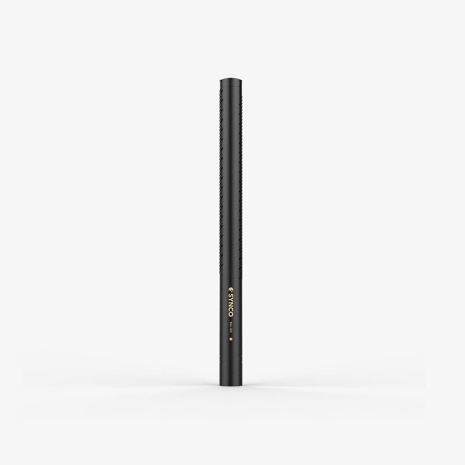 The SYNCO D2 hypercardioid XLR shotgun mic comes in black color with a brass metal body.