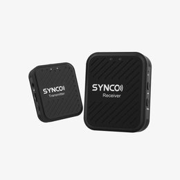 The SYNCO G1(A1) wireless clip on microphone contains a transmitter and a receiver, both in a black body.
