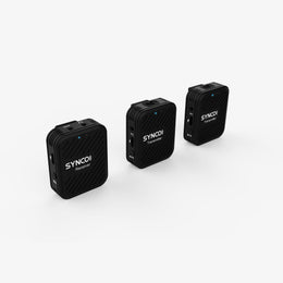 The SYNCO G1A2 wireless stereo microphone has a button on the left side that automatically pairs after a two-second long press.