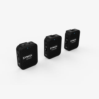 The SYNCO G1A2 wireless stereo microphone has a button on the left side that automatically pairs after a two-second long press.