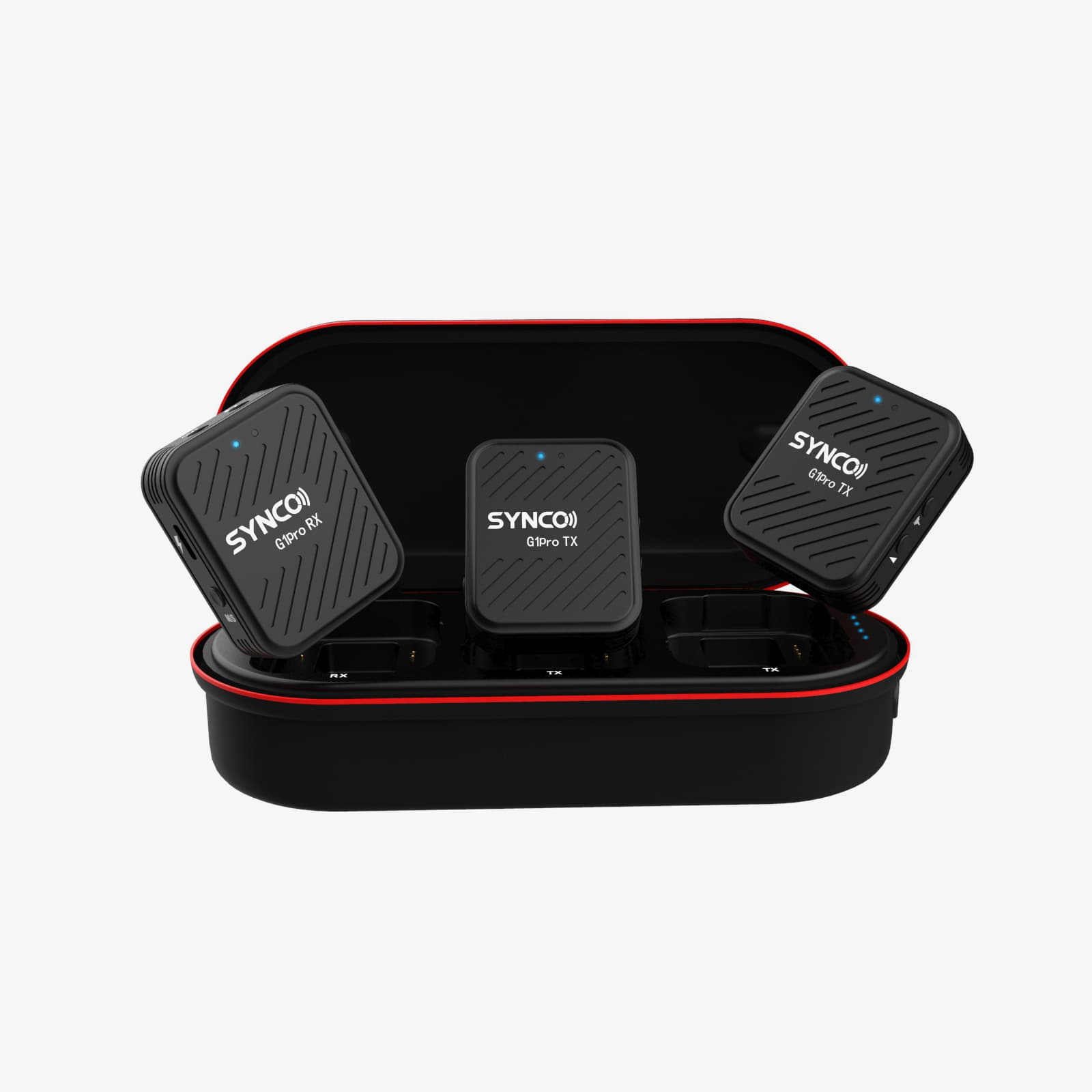 The transmitter and receiver of the SYNCO G1 Pro wireless tie clip microphone automatically pair and power on when removed from the charging case.