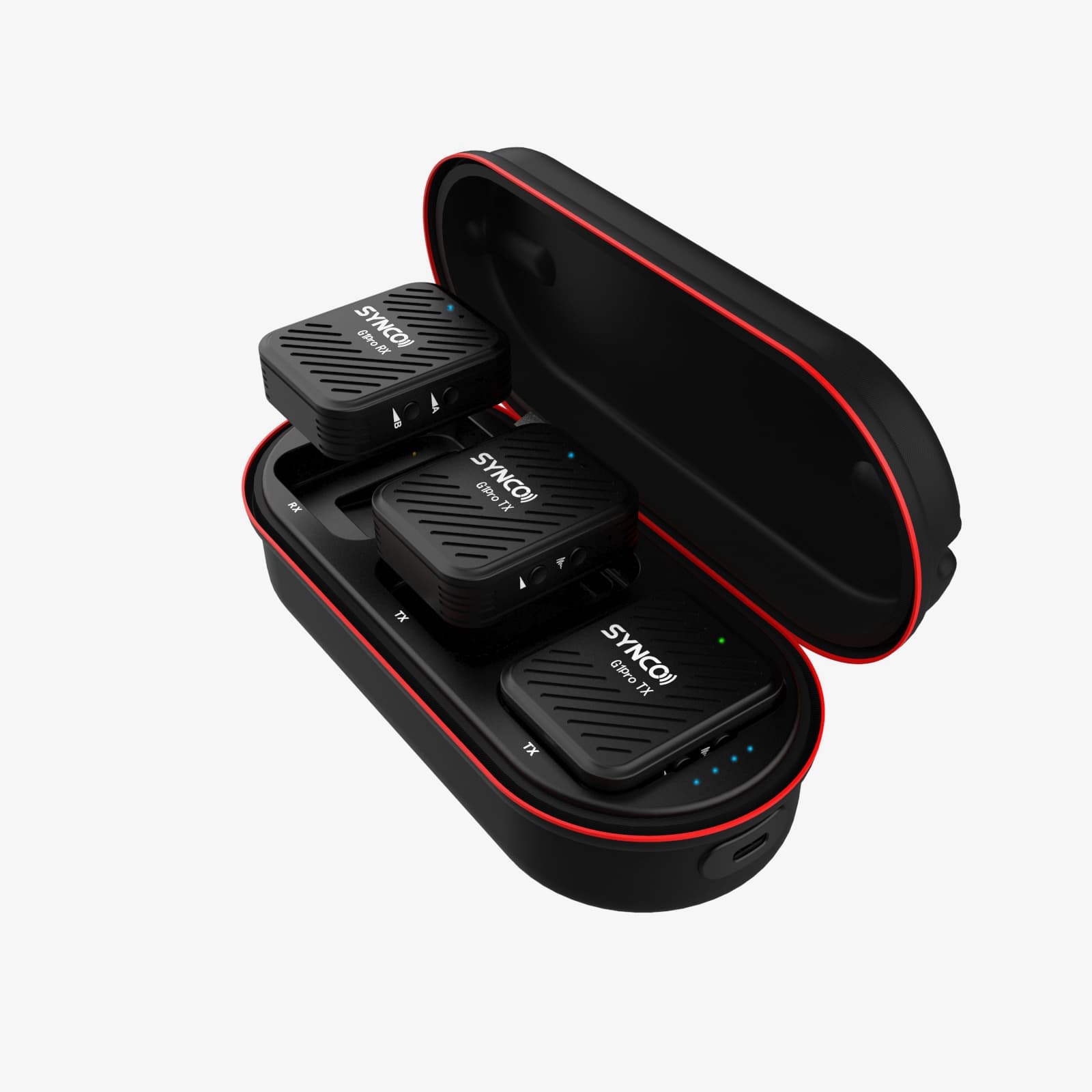 The SYNCO G1 Pro wireless tie clip microphone charges automatically when placed in the charging case.