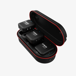 The SYNCO G1 Pro wireless tie clip microphone charges automatically when placed in the charging case.