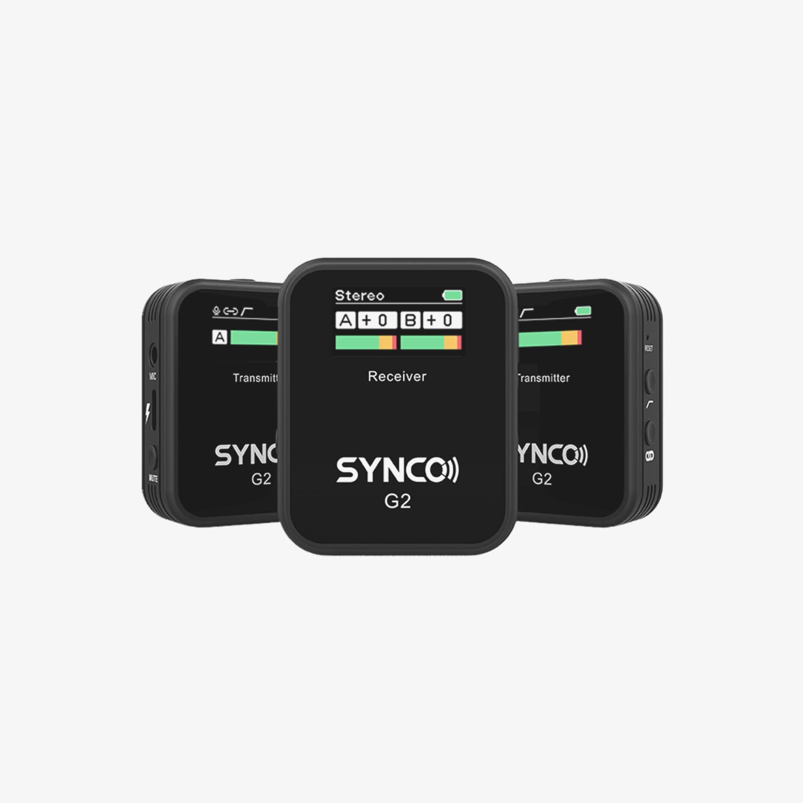 The SYNCO G2(A2) dual wireless microphone is equipped with 1 receiver and 2 transmitters for simultaneous recording of two sound sources.