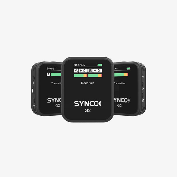 The SYNCO G2(A2) dual wireless microphone is equipped with 1 receiver and 2 transmitters for simultaneous recording of two sound sources.
