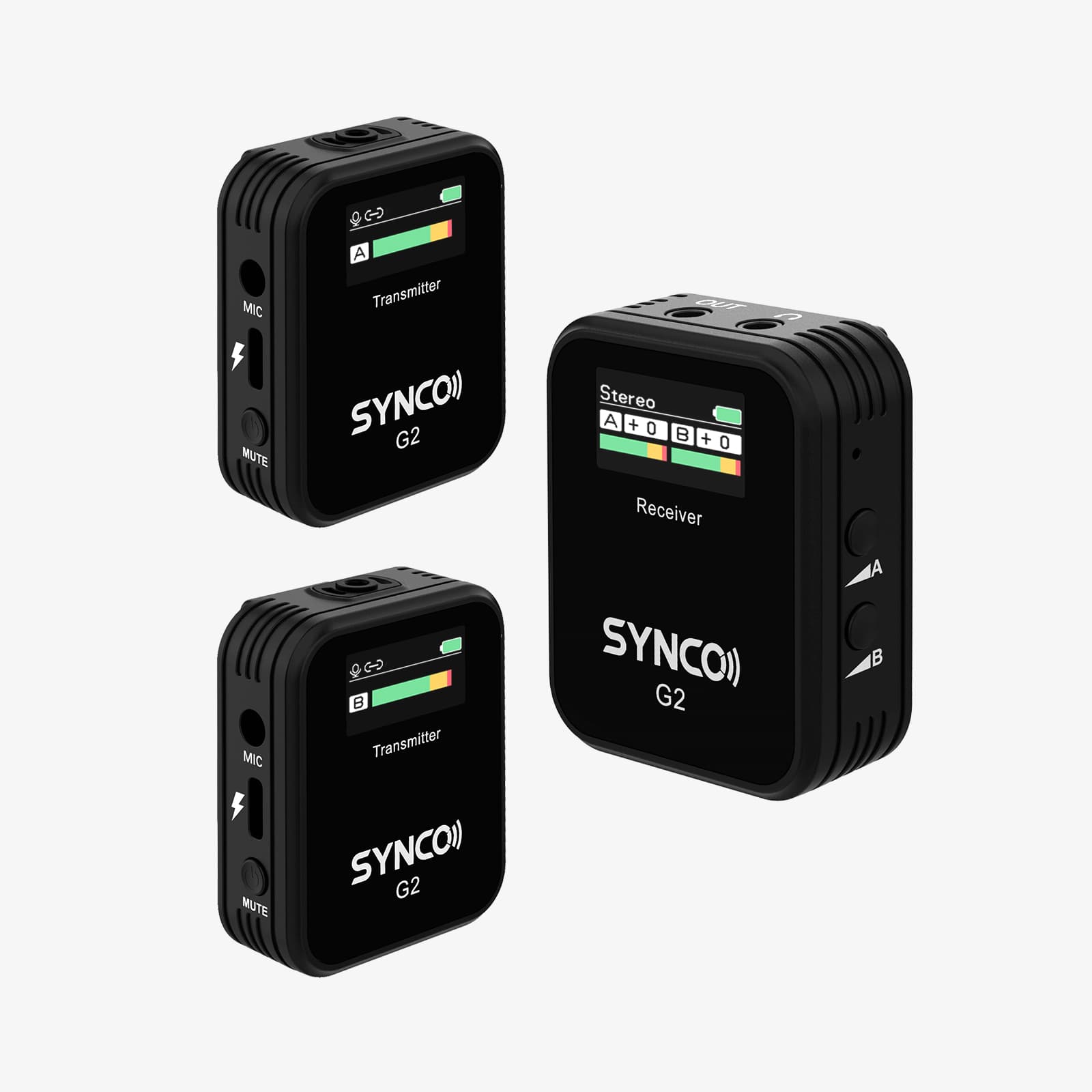 The SYNCO G2(A2) dual wireless microphone activates a temporary mute system via the mute button.