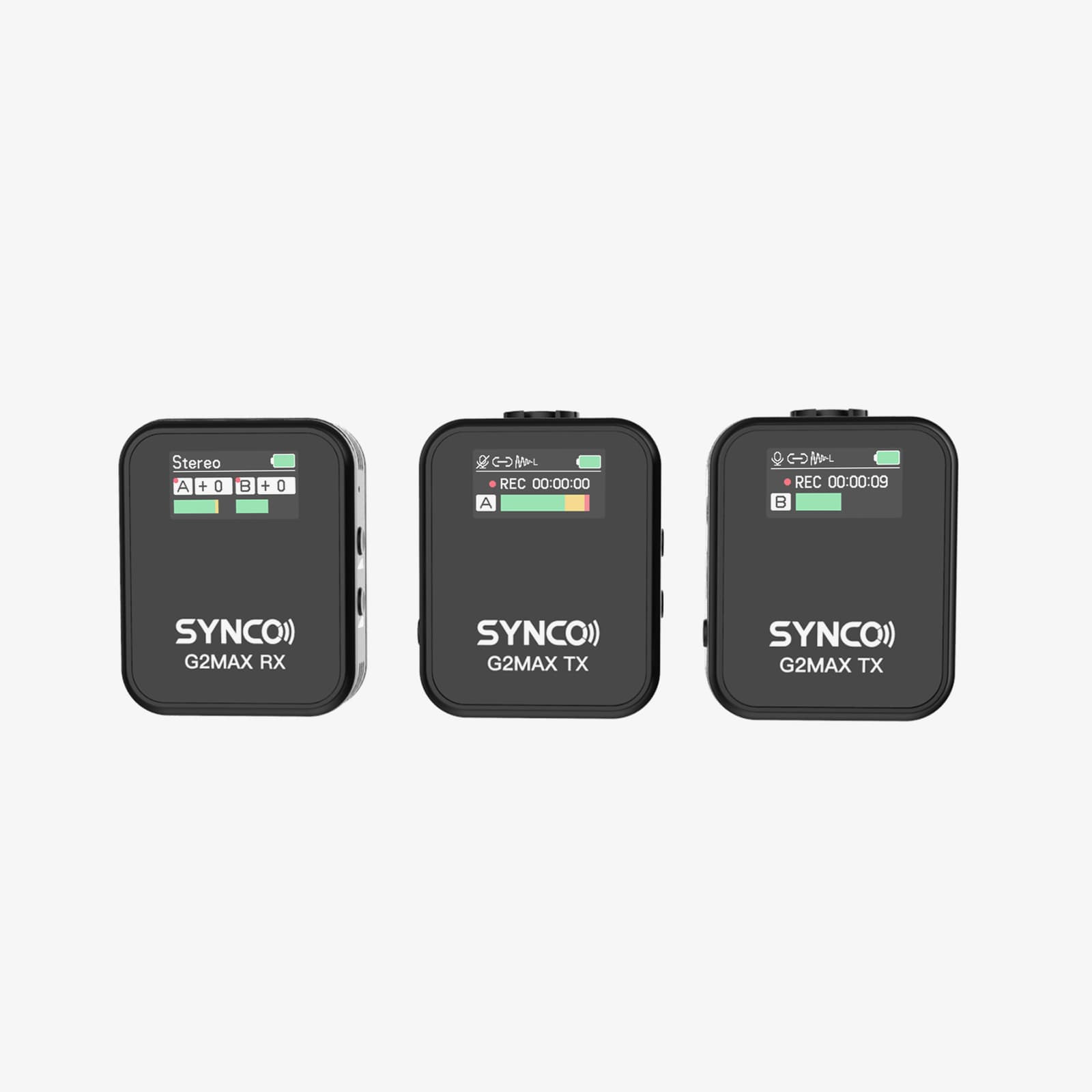 The SYNCO G2 Max is equipped with a TFT screen for easy monitoring of the status of each unit track.