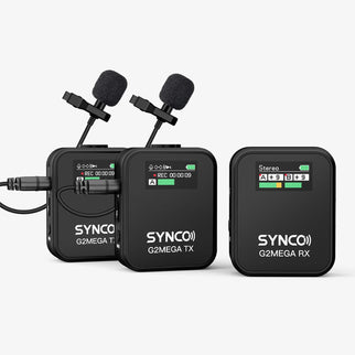 The SYNCO G2 Mega wireless microphone for filming includes one or two transmitters and a receiver.