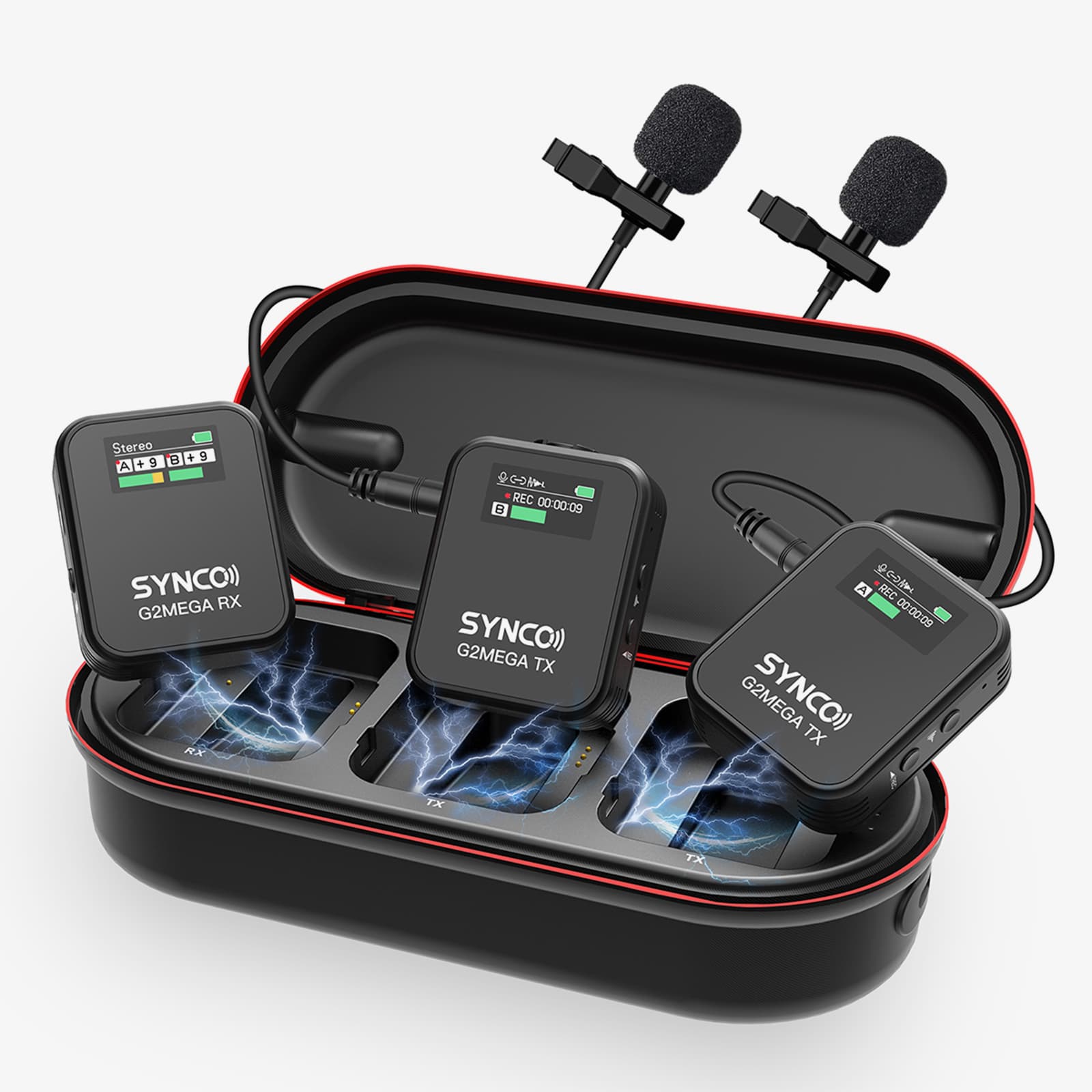The SYNCO G2 Mega wireless microphone for filming comes with a charging case that provides two additional charges.