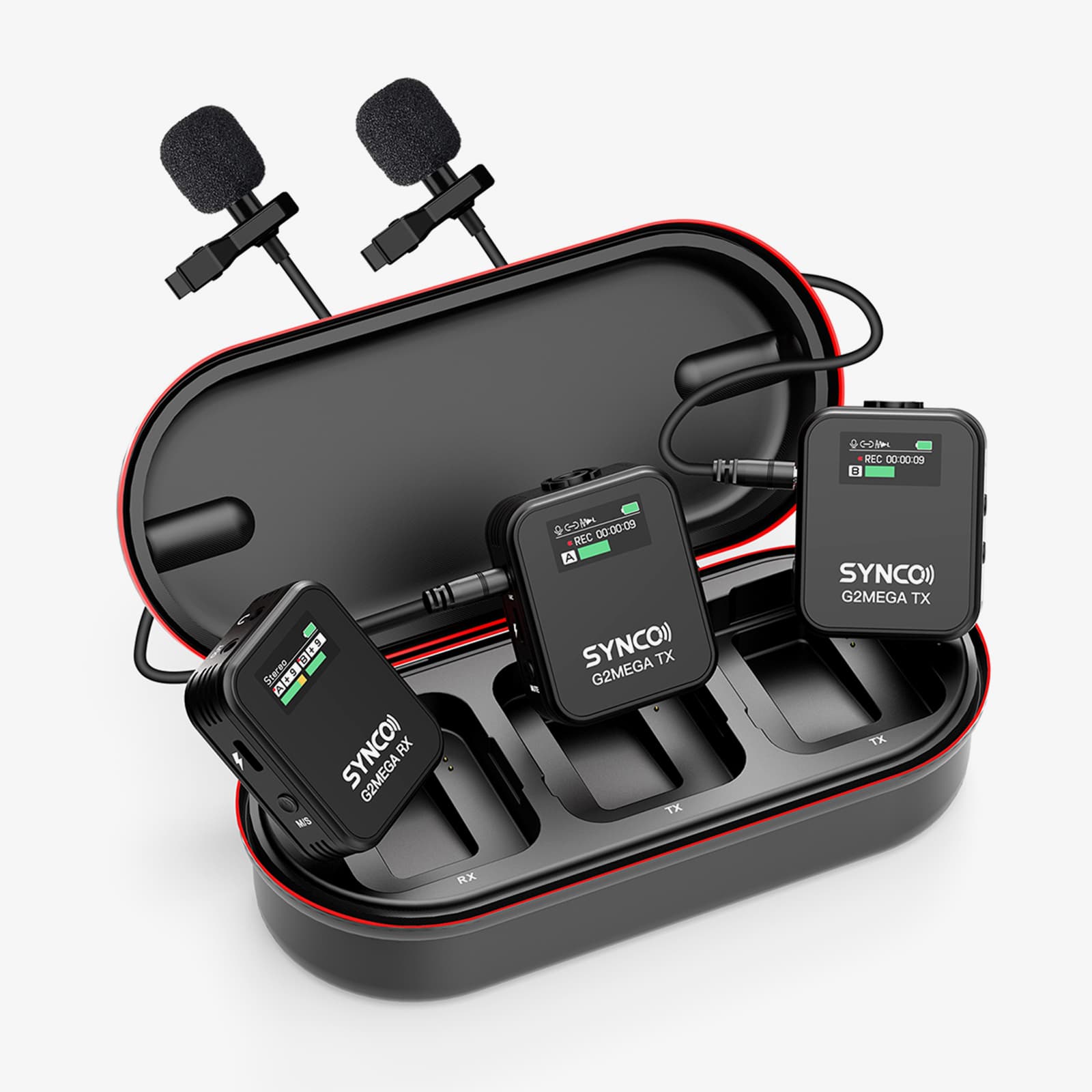 The SYNCO G2 Mega has a black body with a real-time display of recording modes on the front.