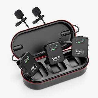 The SYNCO G2 Mega has a black body with a real-time display of recording modes on the front.