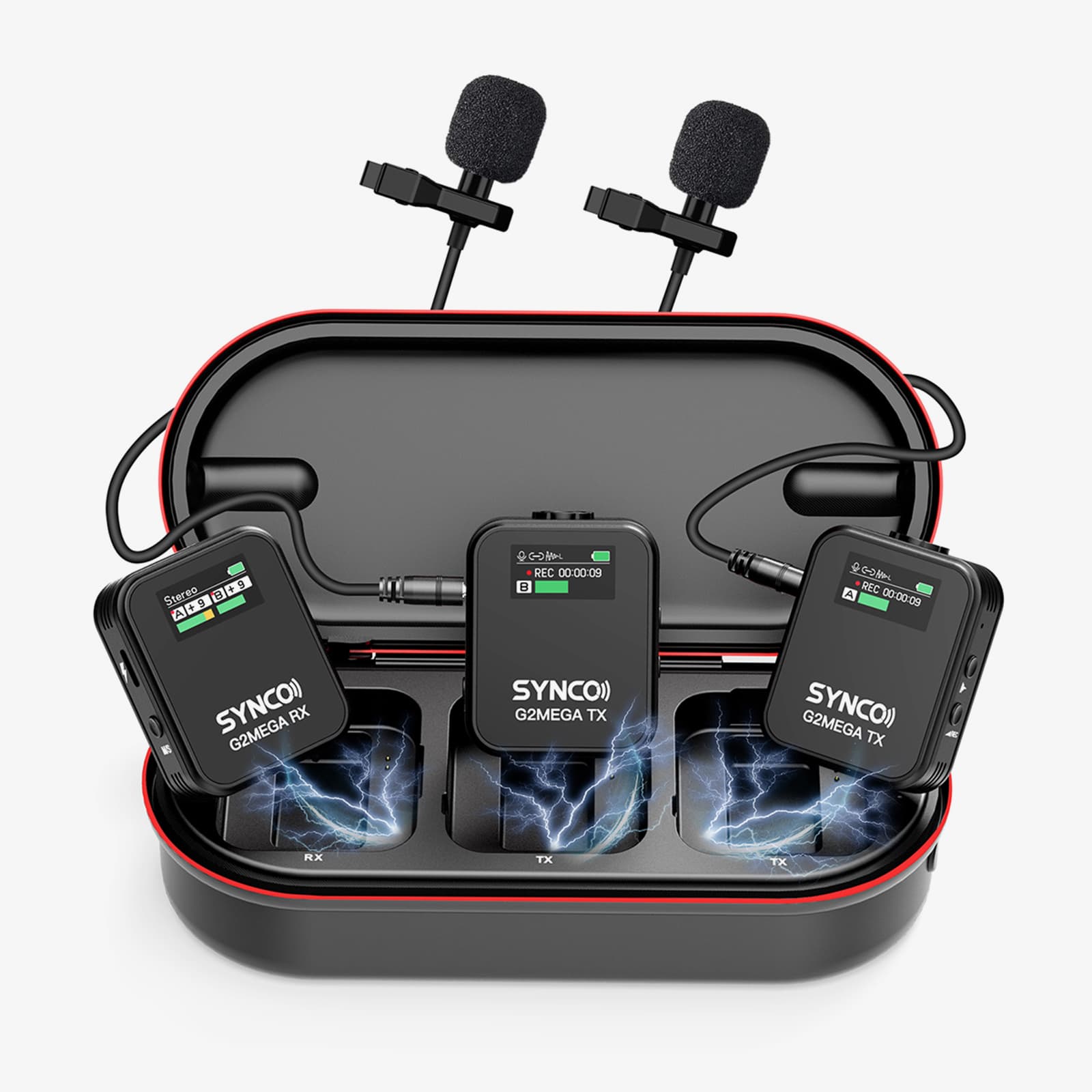 The SYNCO G2 Mega has a built-in rechargeable Li-ion battery for up to 8 hours of continuous operation.