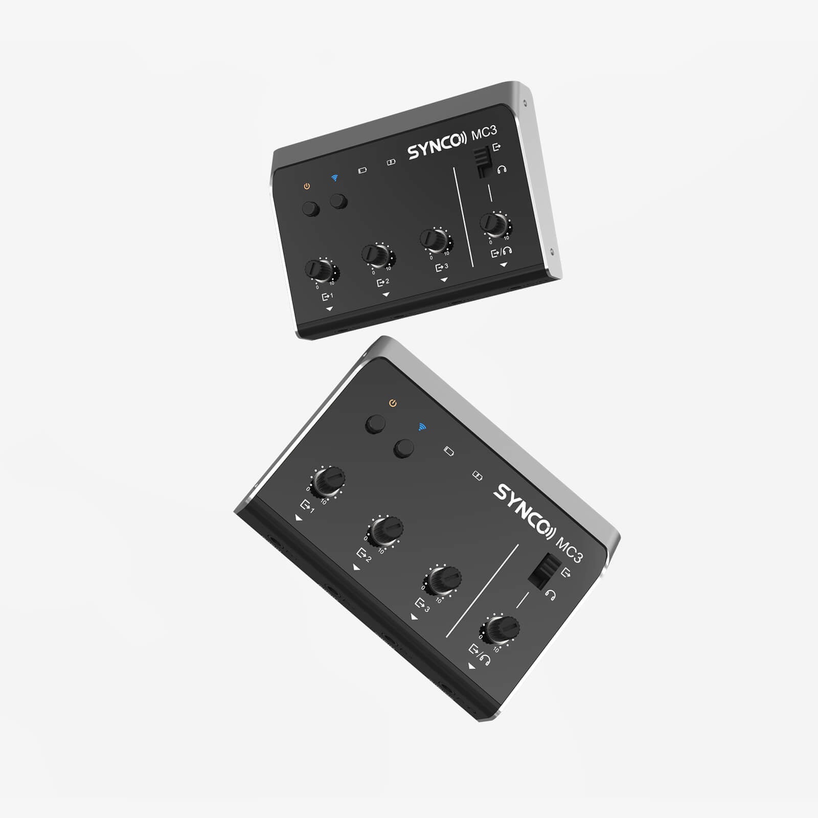 The 3.5mm OUTPUT/HP port of the SYNCO MC3-LITE small audio mixer can be switched between monitoring and output at the click of the output/monitoring switch.