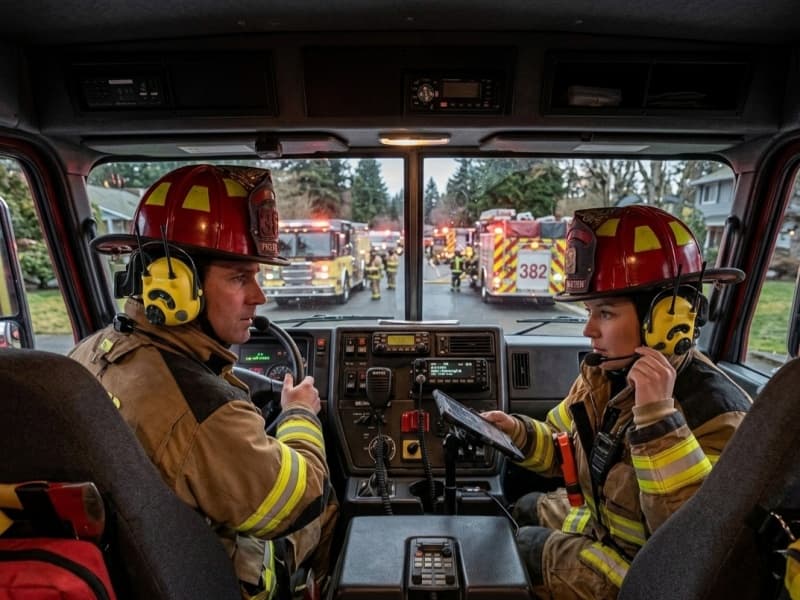 Why do firefighters wear headsets in the truck?