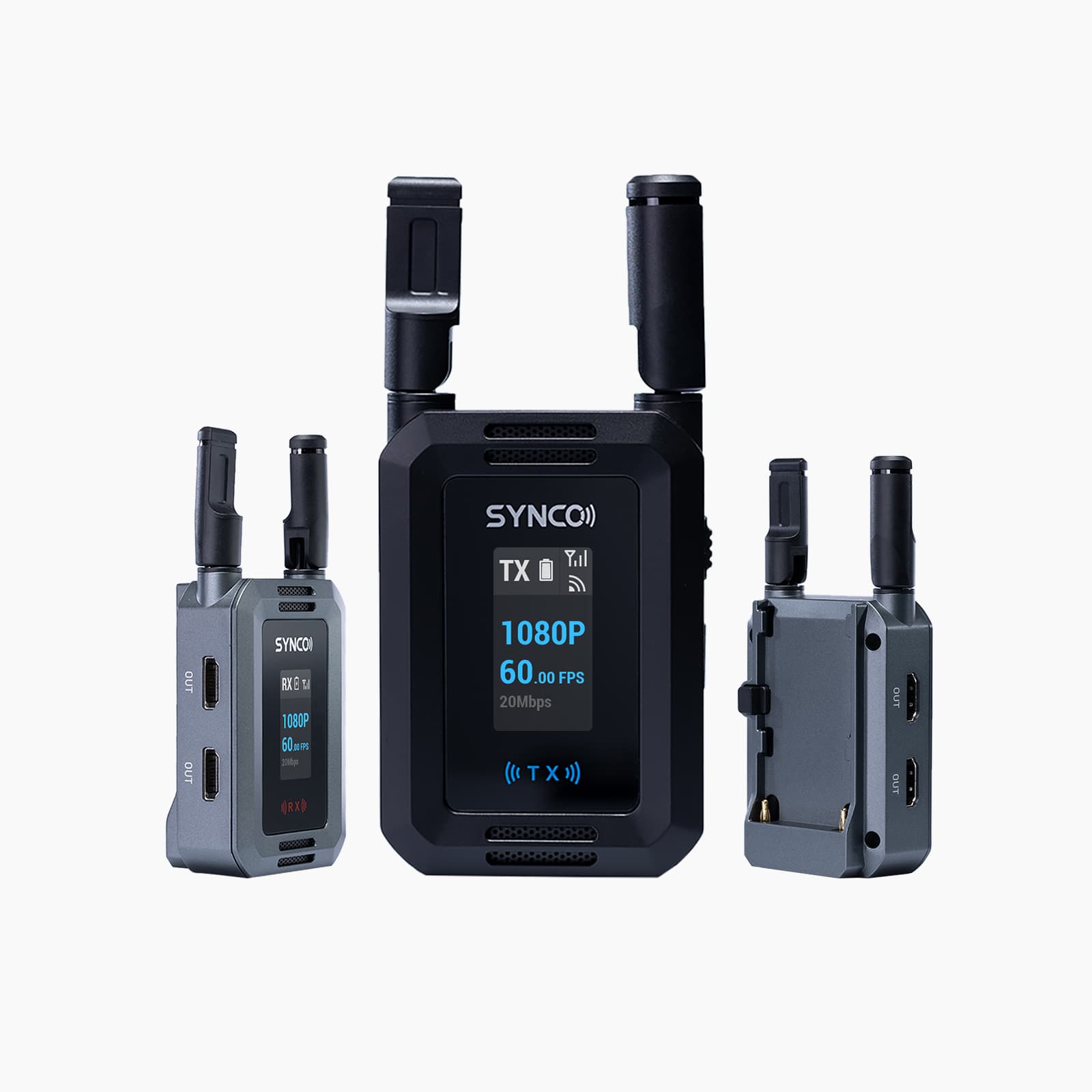 One transmitter and two receivers with dual outputs in the SYNCO XVision HD system