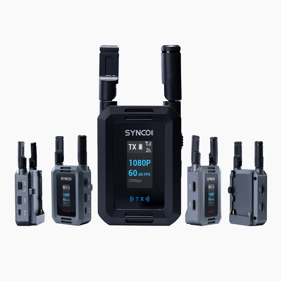 The 1-to-4 SYNCO XVision HD wireless HD video transmission system has one transmitter and four receivers.