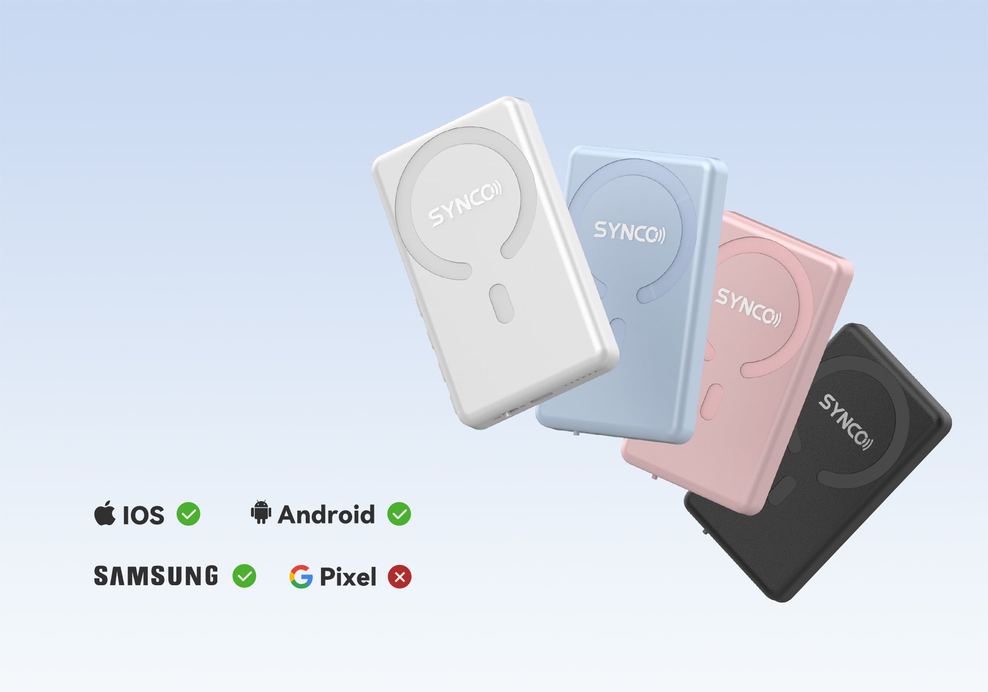 SYNCO XView M4 selfie mirror monitor has 4 colors for choice and features great compatibility with iPhone, Android phone and Samsung. Google Pixel is not supported.