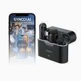 AI App version of SYNCO Smic smart wireless microphone houses 2 TXs, 1 RX, and 2 magnets in the charging case.