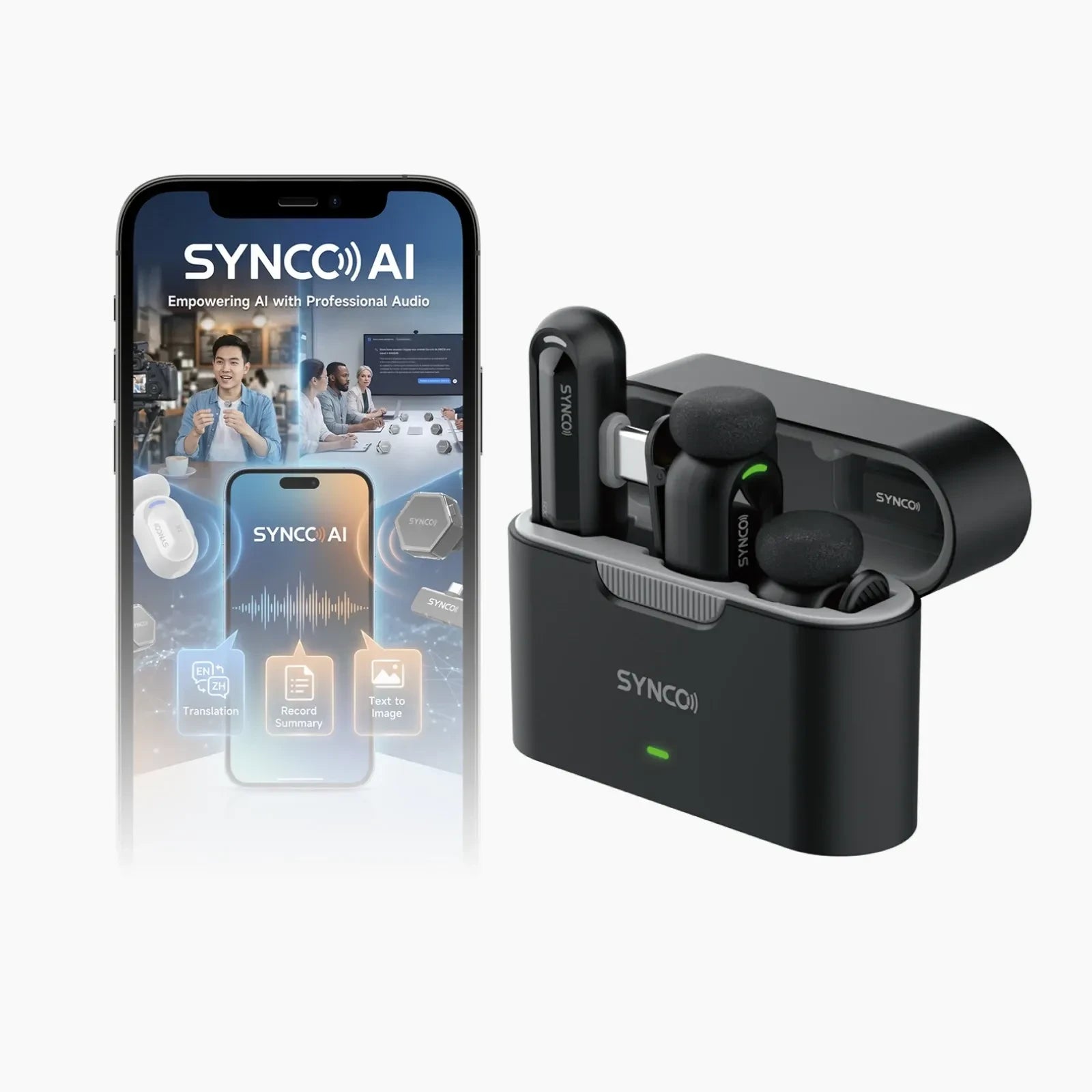 SYNCO Smic AI smart wireless microphone houses 2 TXs, 1 RX, and 2 magnets in the charging case.