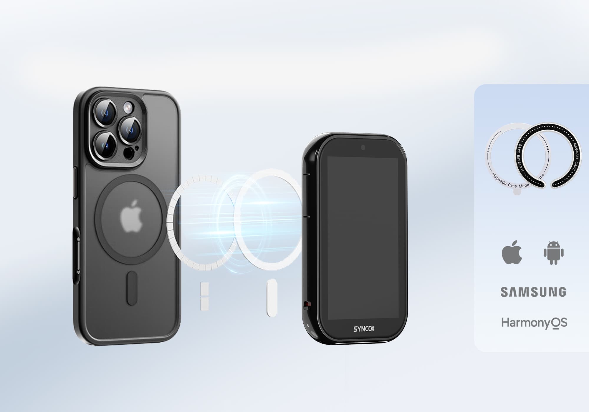 With a MagSafe design and two magnetic rings, the M4 AI smart phone monitor snaps easily onto iPhone, Samsung, and other Android devices.