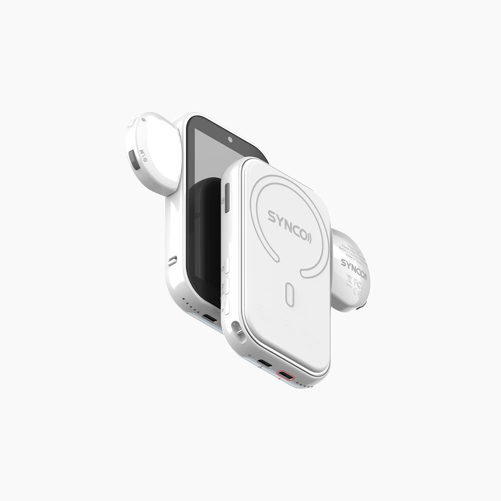 A white magnetic selfie light attached on the side of the SYNCO XView M4 AI