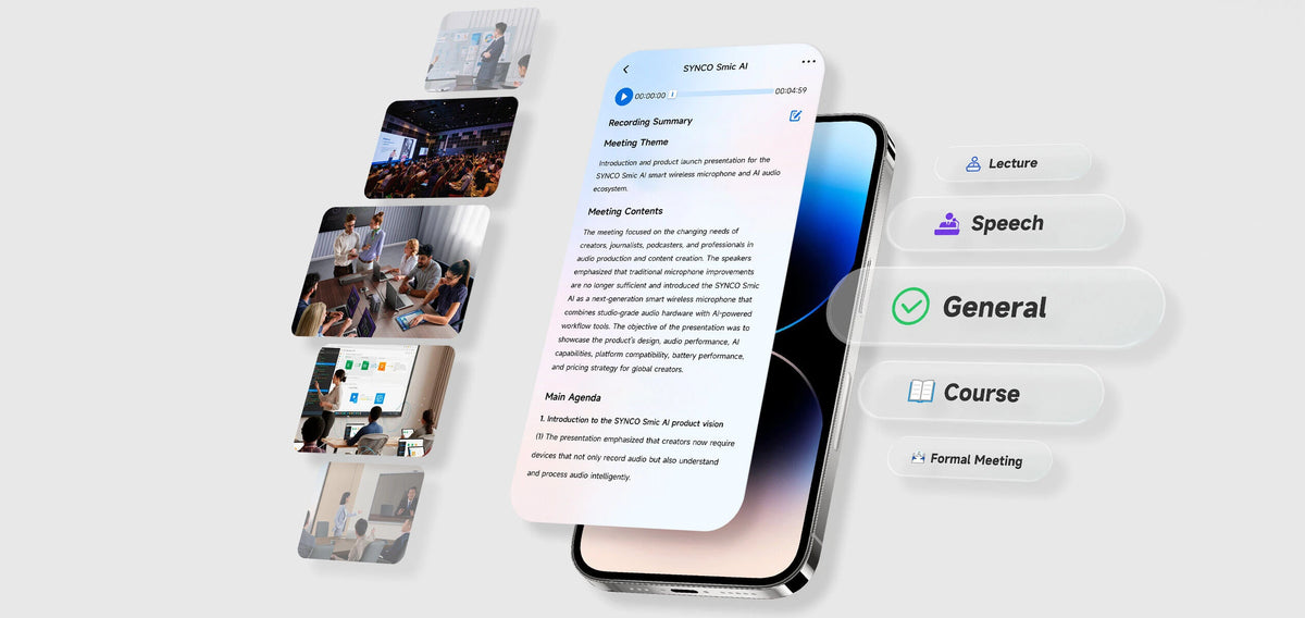 Use SYNCO Smic AI smart wireless microphone for meetings, lectures, and more and get summaries.