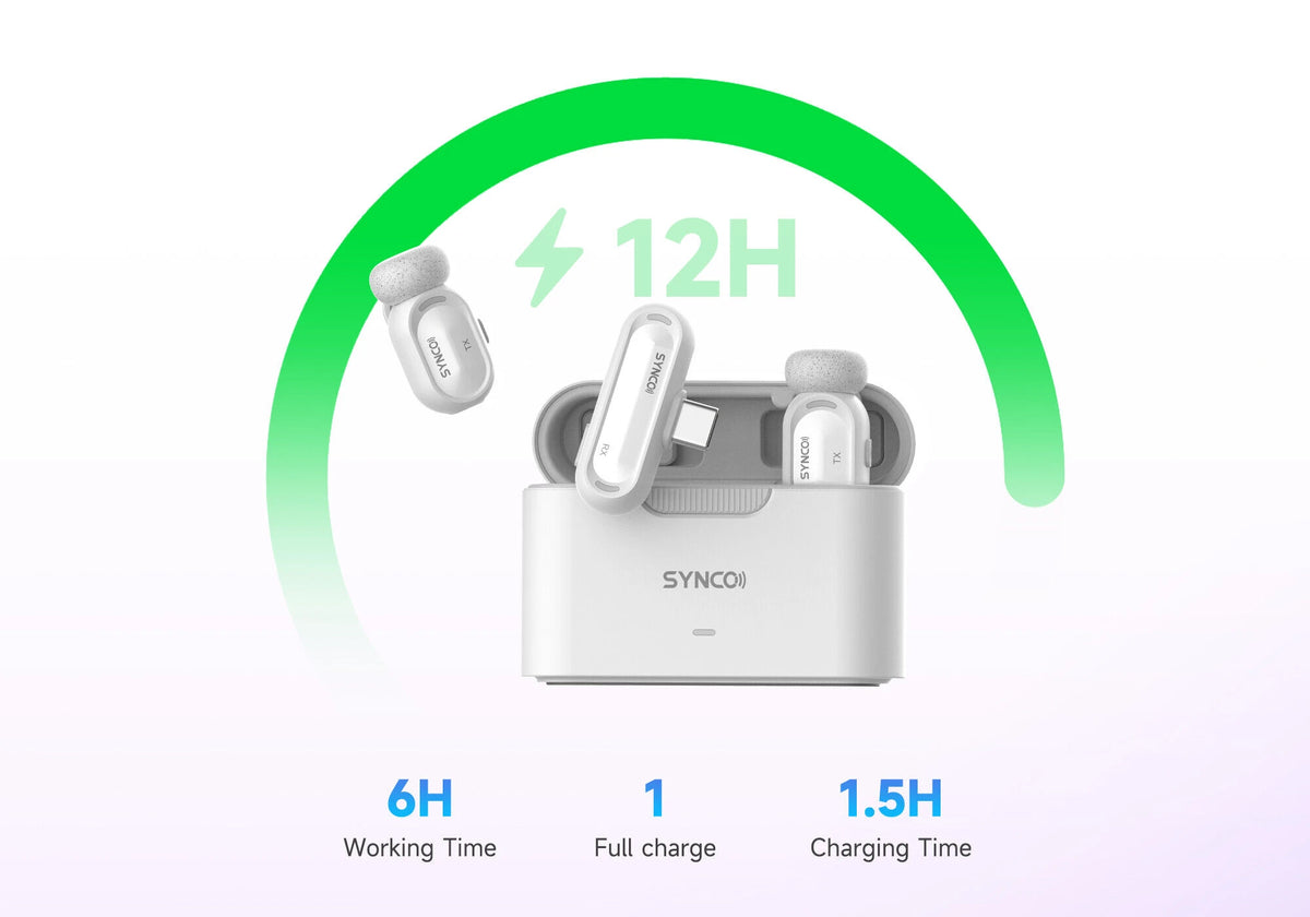 The SYNCO Smic AI smart wireless lavalier microphone has a charging case that extends its 6-hour battery life to a total of 12 hours.