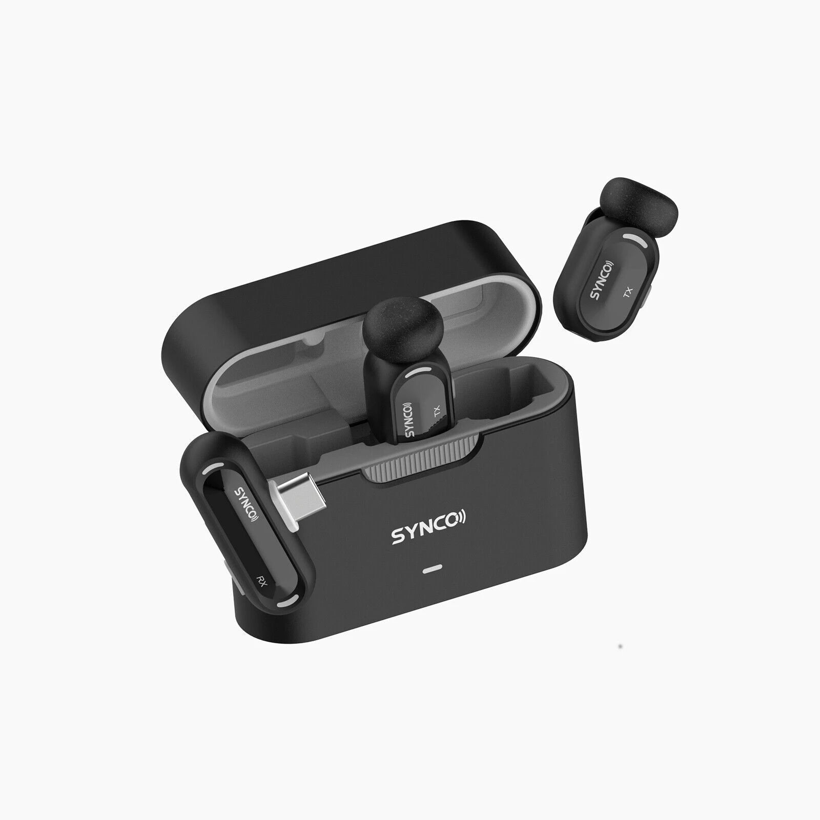 The SYNCO Smic AI comes with a black charging case to store the receiver and two transmitters.
