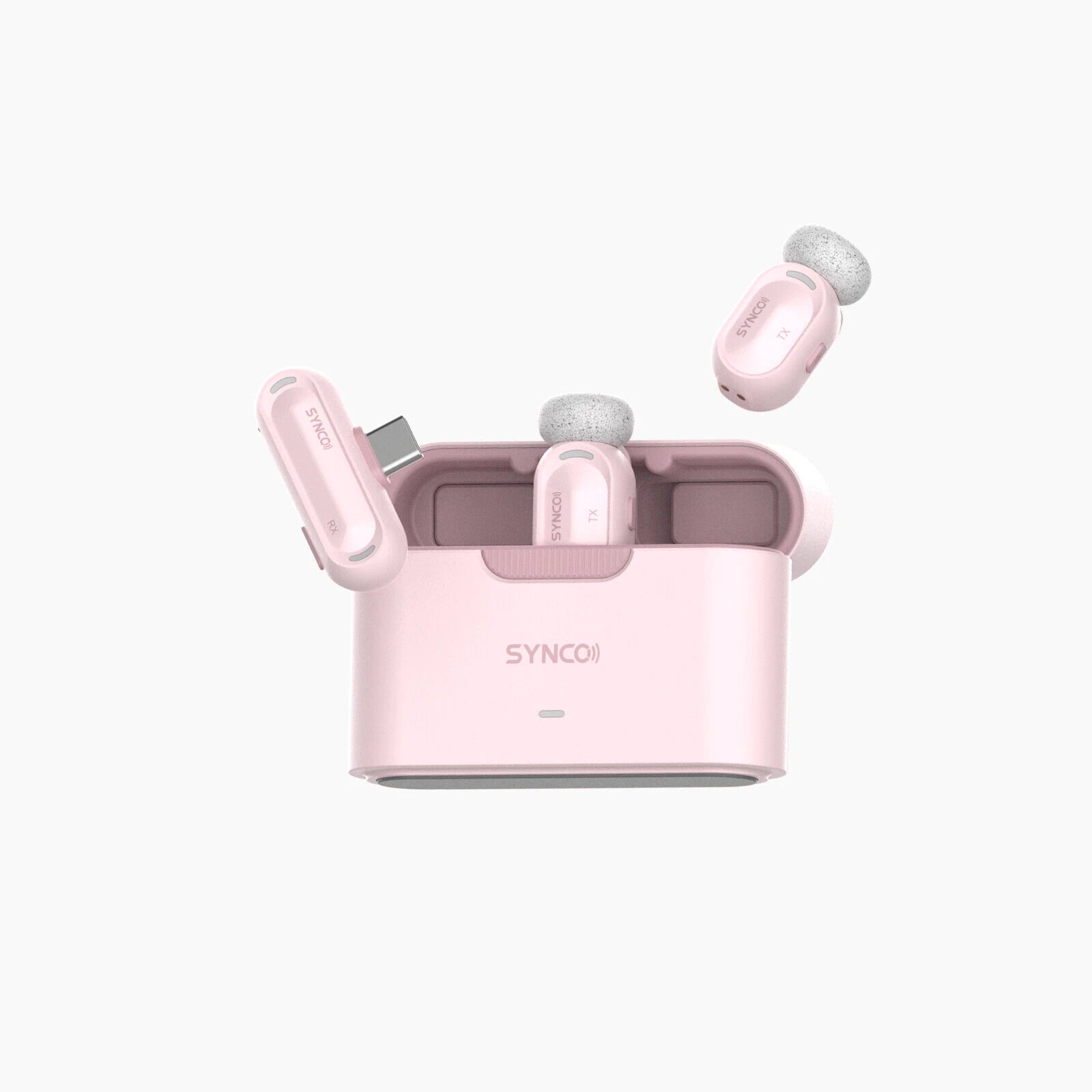 The SYNCO Smic AI wireless lavalier microphone for phone features a pink design and a USB-C receiver.
