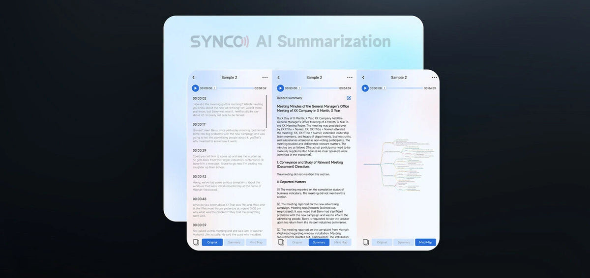 The Summary function on the SYNCO AI App includes transcription, summary, and mind map.