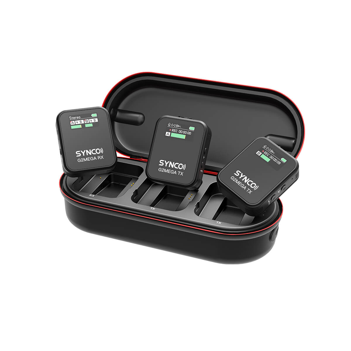 SYNCO G2 Mega includes two transmitters, a receiver, and a charging case.
