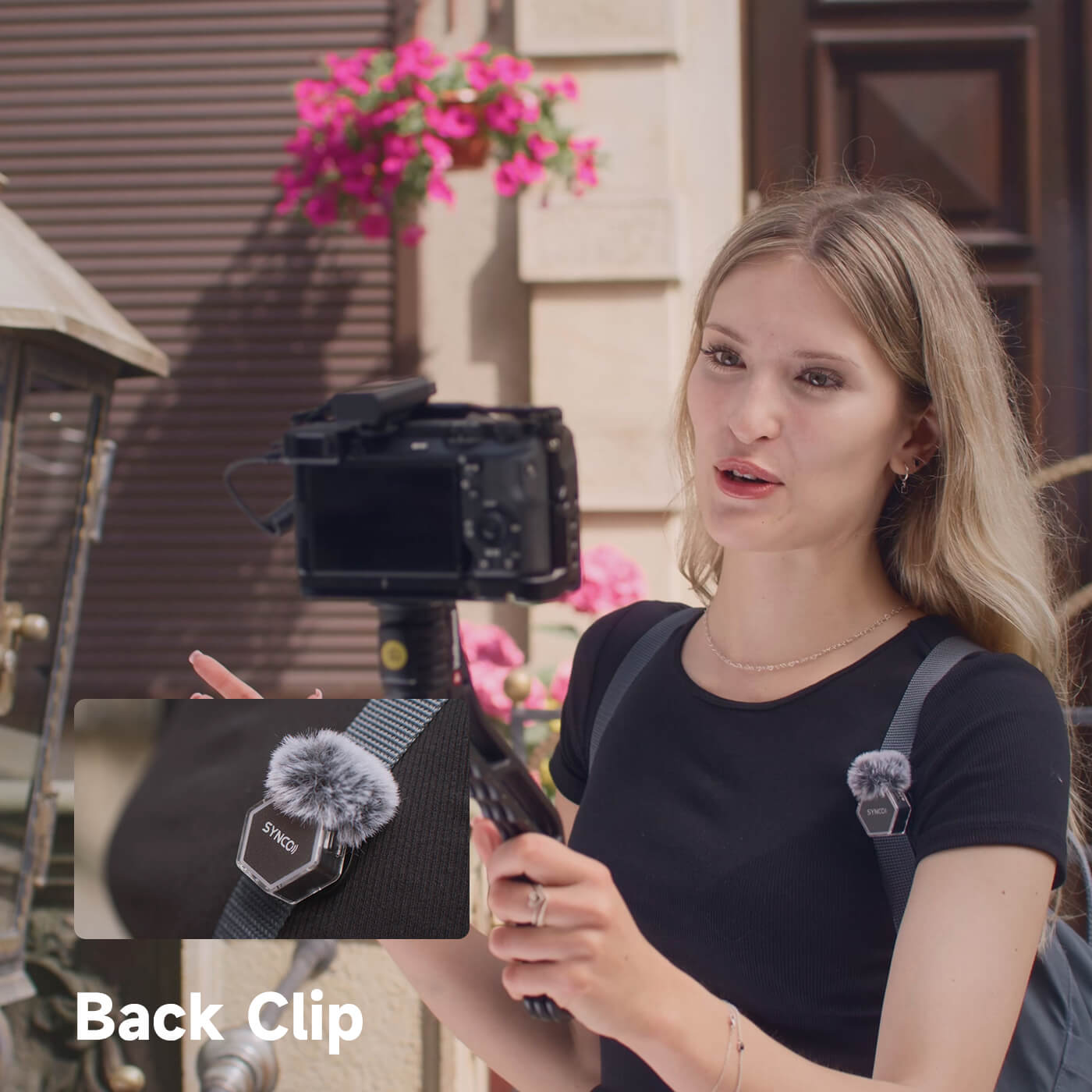 Use the SYNCO G4 with a back clip setting for outdoor recording
