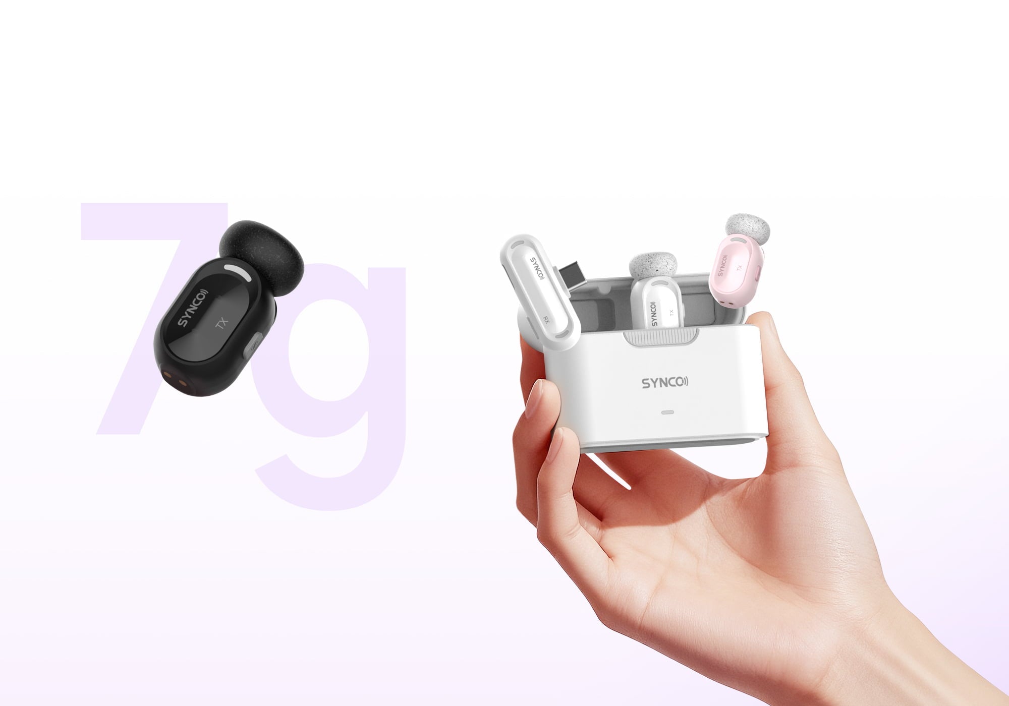 SYNCO Smic wireless lavalier microphone for phone, small enough to fit in your hand, with a 7g transmitter in black, white, or pink, a charging case, and a USB-C receiver.