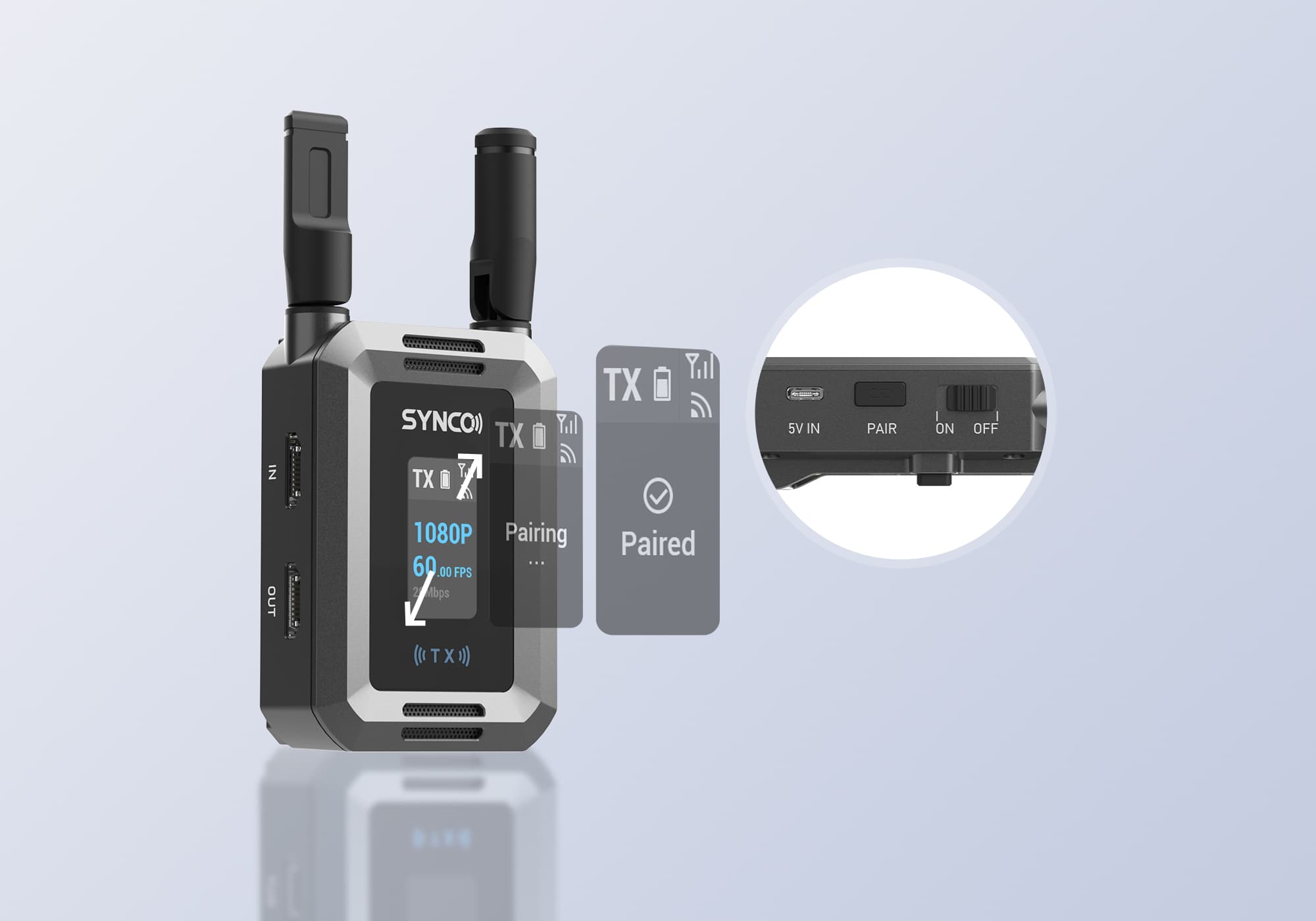 The transmitter of the SYNCO XVision HD system features a large display, intuitive buttons, and auto-memory pairing.