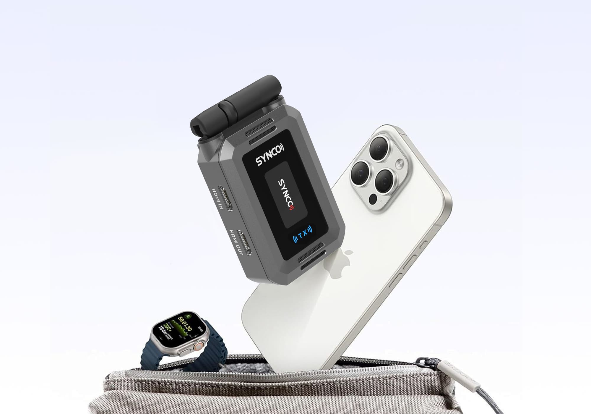The SYNCO XVision HD transmitter is as light as a smartphone and easy to slip into a bag.