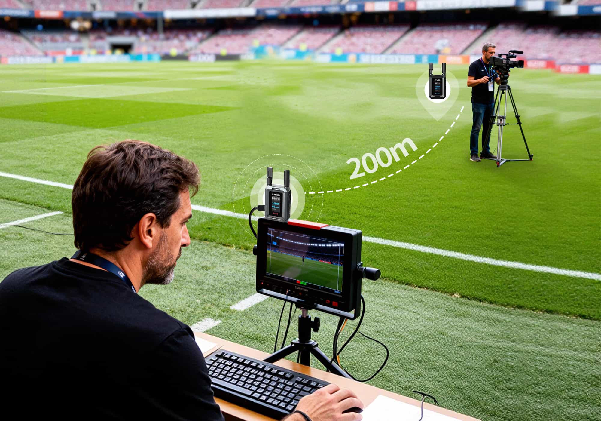 The 1-to-1 SYNCO XVision HD kit offers a 200-meter wireless HDMI video transmission for sports broadcasting.