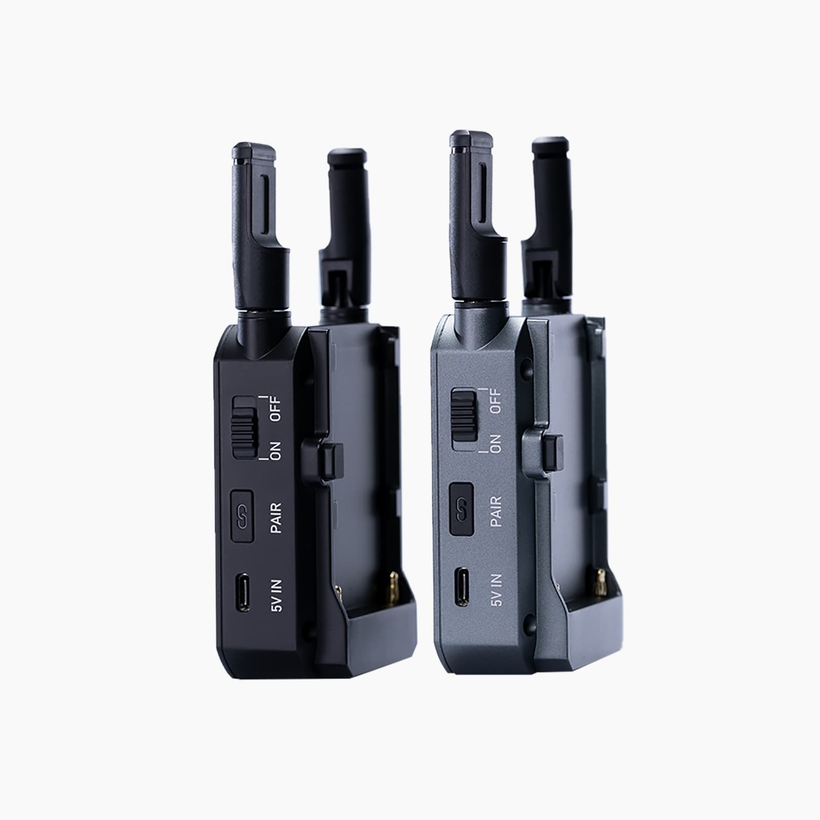 Both the TX and RX of the XVision HD wireless HDMI video transmission system have intrusive buttons for pairing and charging.