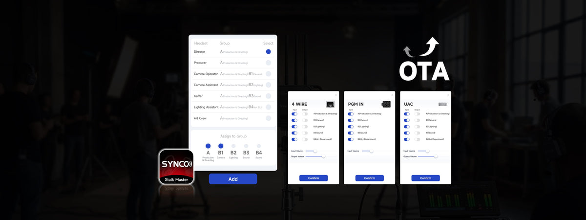 SYNCO XStation supporting group management, audio routing, and OTA updates through the SYNCO Audio App.