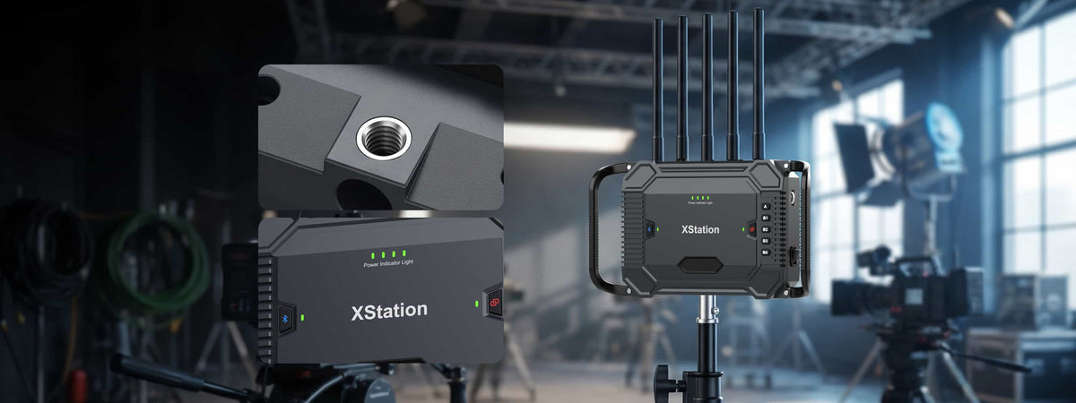 SYNCO XStation wireless intercom base station with a 1/4-inch tripod mount and LED status indicators.