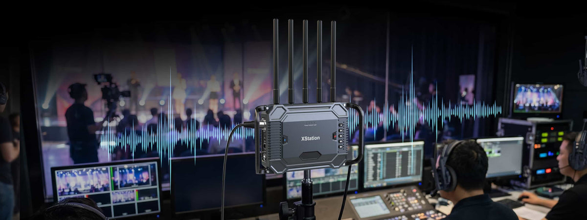 SYNCO XStation connected to an audio mixer and feeding program audio to Xtalk Master headsets for broadcasting.