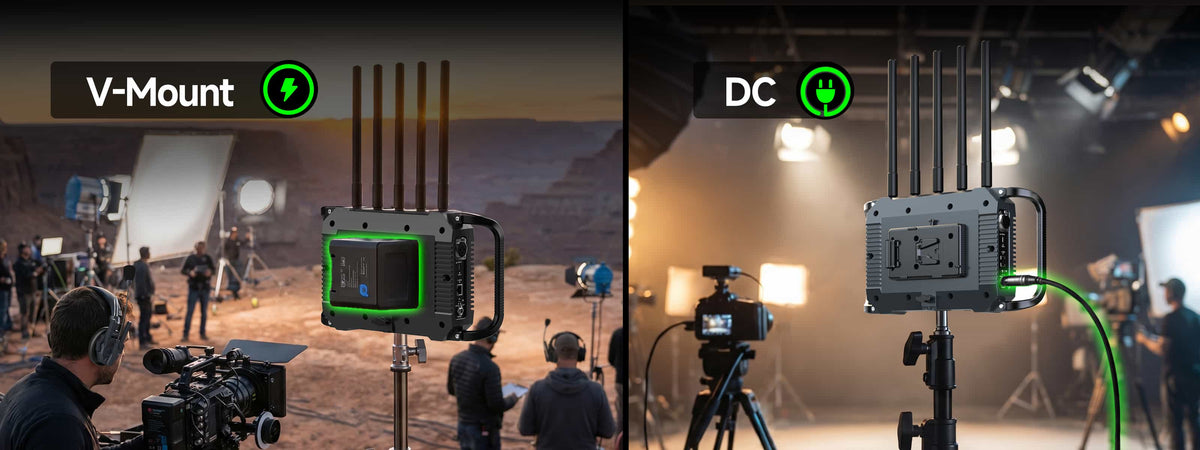 SYNCO XStation powered by a V-mount battery or DC power input.