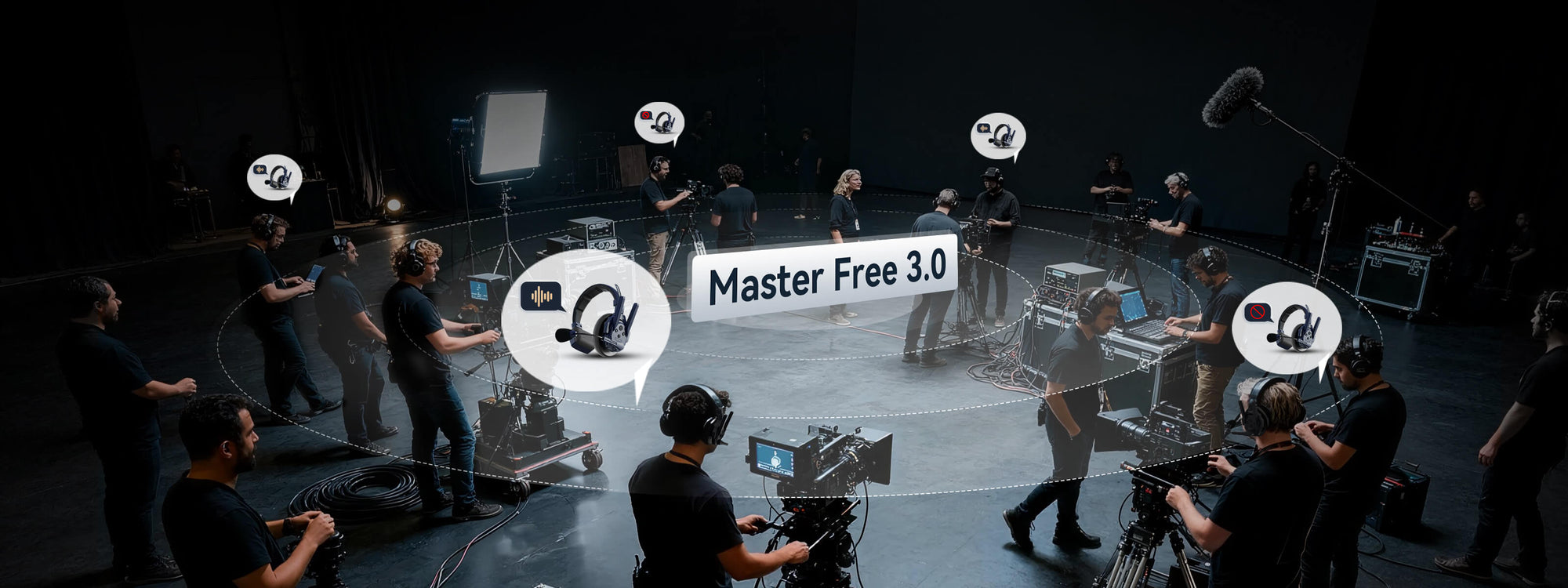 A video production team communicates with each other using SYNCO Xtalk Master wireless 2-way communication headsets featuring "Master Free 3.0" technology. 