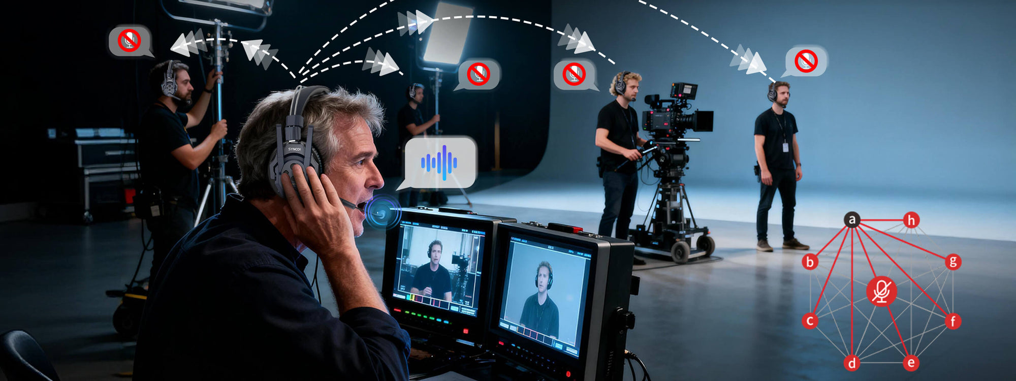 The user of SYNCO Xtalk Master wireless headset two-way intercom team communication system mutes other devices and gets priority to speak.