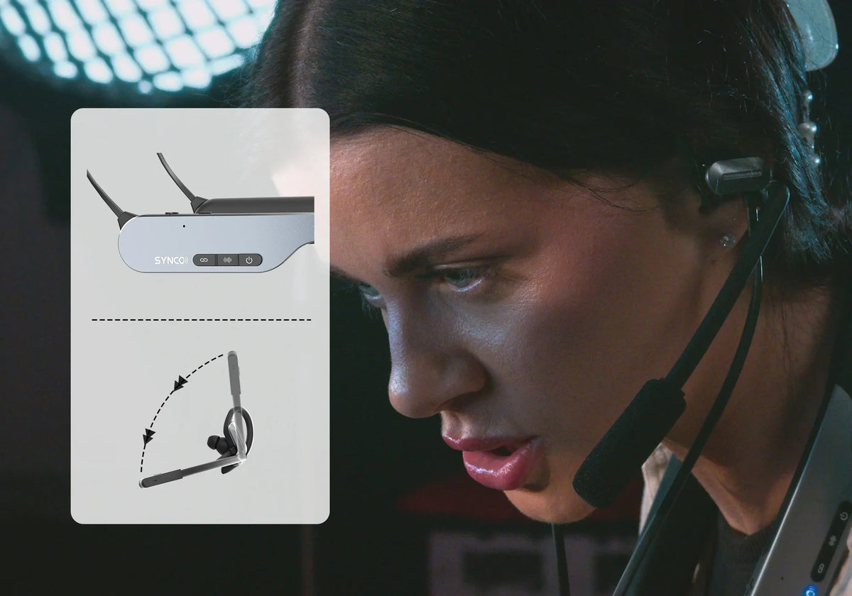 SYNCO Xtalk S in-ear intercom headset with intuitive control buttons and a flippable microphone.
