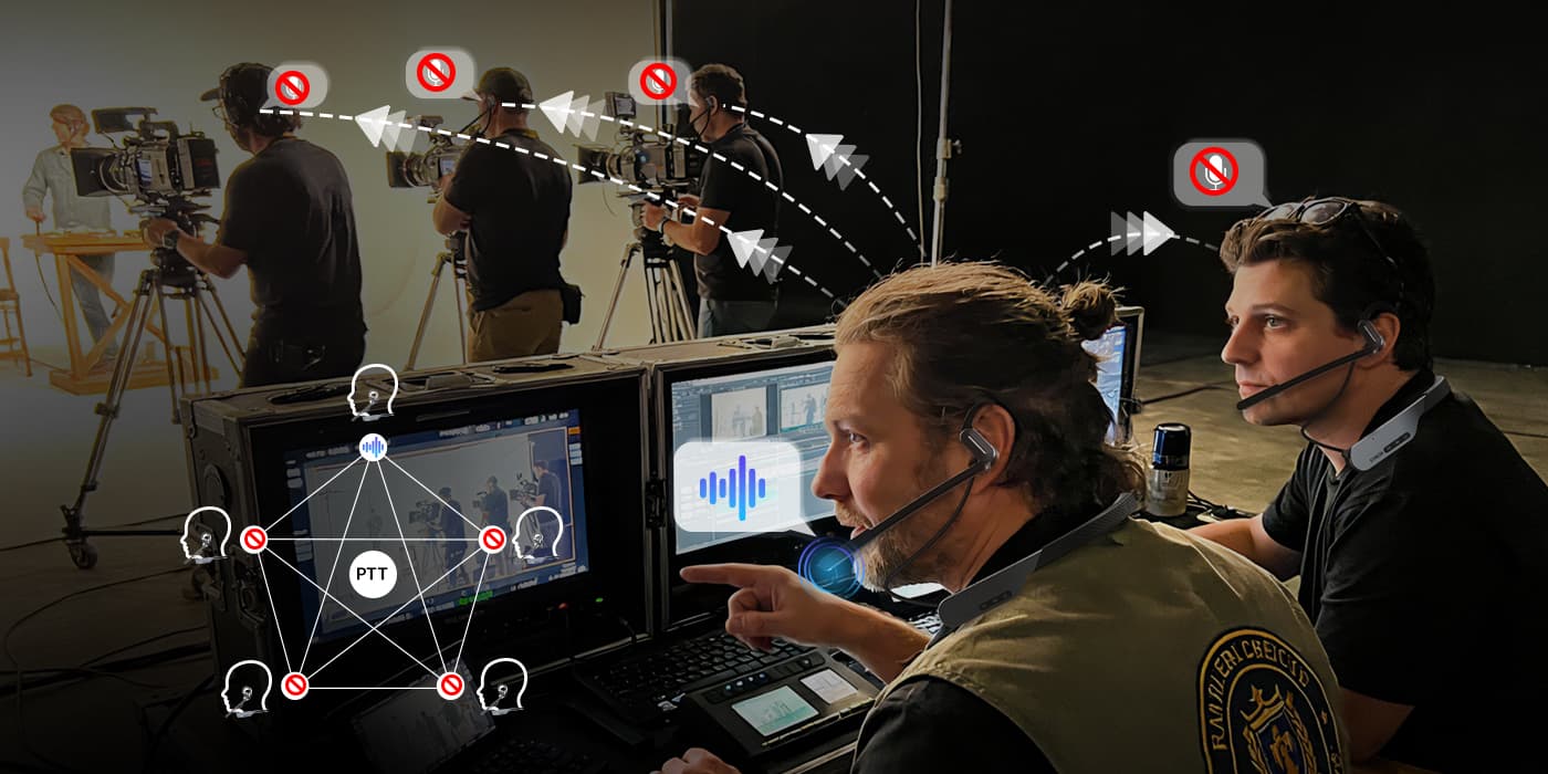 With the PTT mode, the Xtalk S enables the director to mute all headsets for announcements.