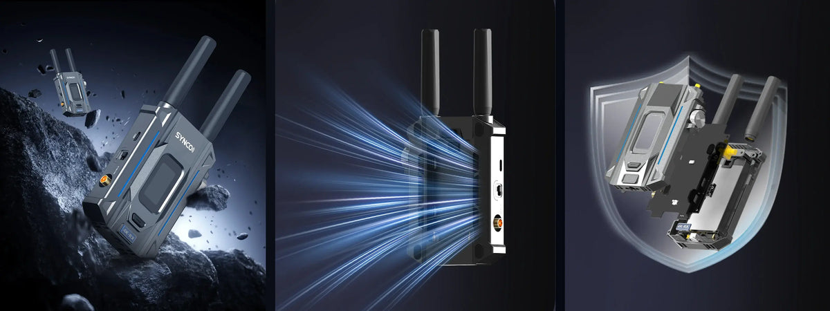 SYNCO XVision 4K wireless video transmission system featuring aluminum alloy construction, heat dissipation, and drop resistance