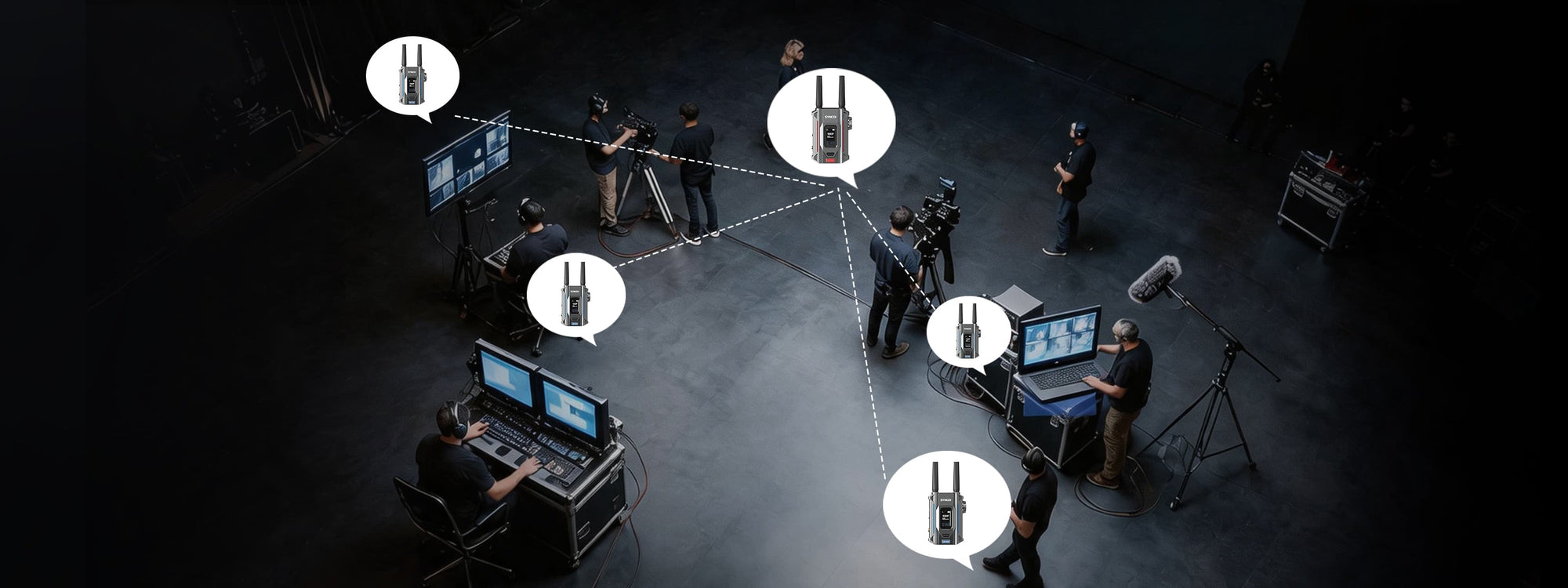SYNCO XVision 4K wireless video transmitter connecting to four receivers for film production monitoring