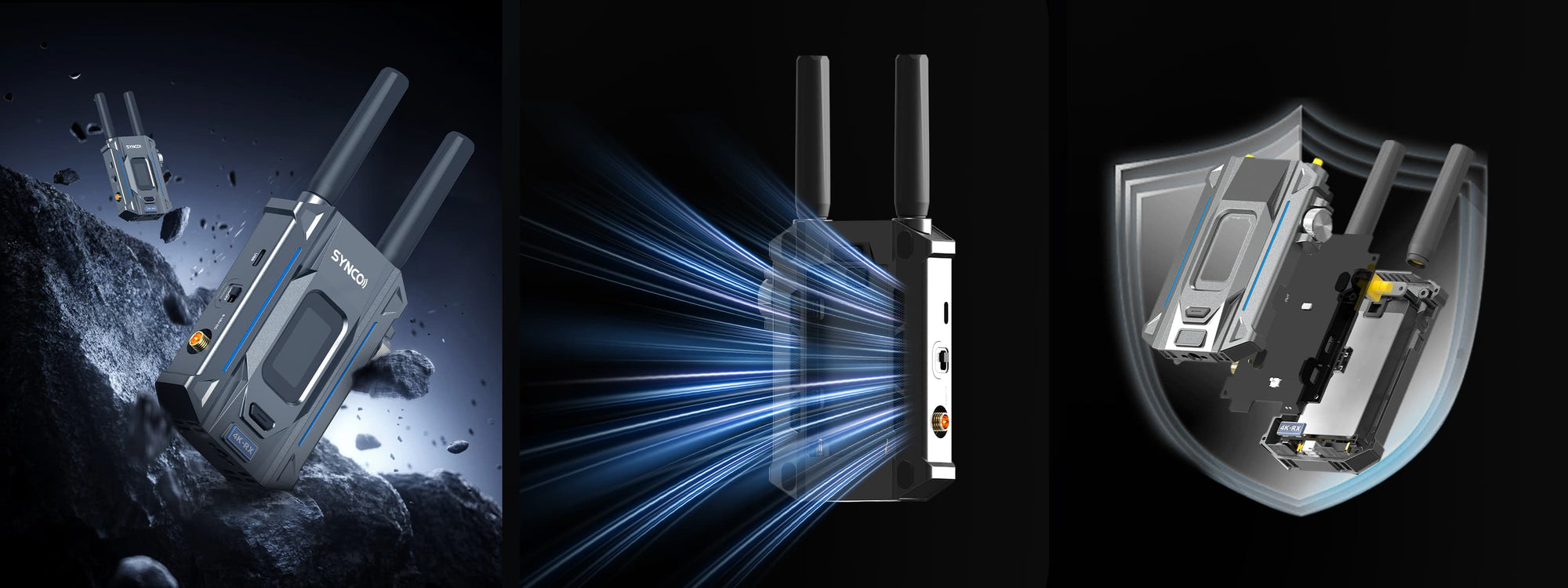 SYNCO XVision 4K wireless video transmission system featuring aluminum alloy construction, heat dissipation, and drop resistance